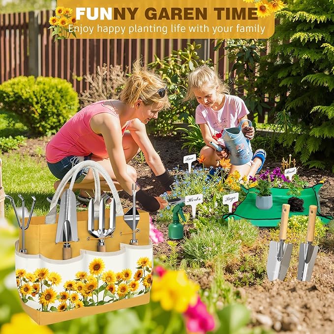 22Pcs Gardening Tools Set for Women Heavy Duty Garden Hand Tool Kit, for Mom Beginner Gardening Accessories with Sunflower Tote Bag/Shovel/RepottingMat/Plant Labels/Gloves-Yellow