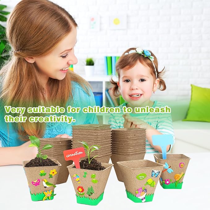 40 Set Garden Paper Pot Craft Kit, Seed Starter Pots with Adhesive Foam Stickers and Pot Labels, Seed Starter Pots for Kids Spring Summer Early Graduation DIY Crafts