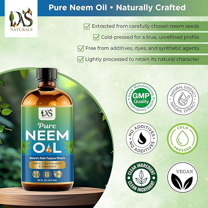 Pure Neem Oil for Plants, Hair Growth & Skin — 100% Cold-Pressed Unrefined Concentrate | Indoor, Outdoor Garden | Face, Scalp, Nails, Pets | 16 fl oz