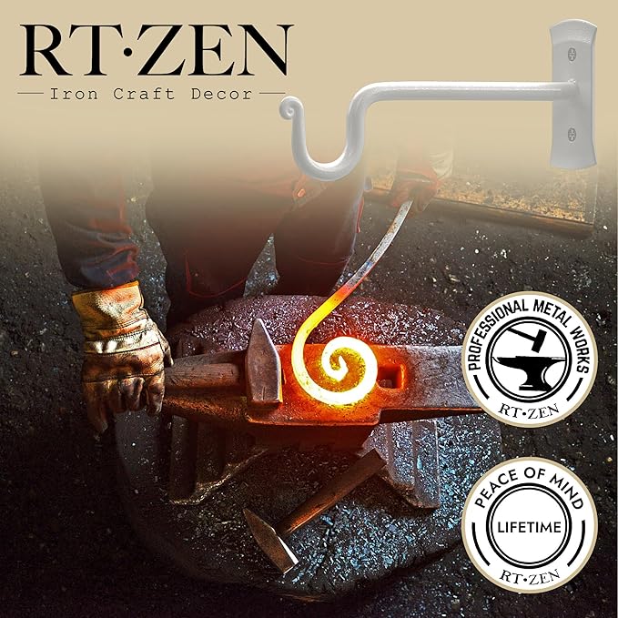 RTZEN Plant Hangers Outdoor or Indoor - Wrought Iron Metal Hanger Indoor Hook - Heavy Duty Wall Bracket Hooks for Hanging Plants Baskets Lanterns Wind Chimes - 2 Pack (White Shepherds Hooks 7.5")