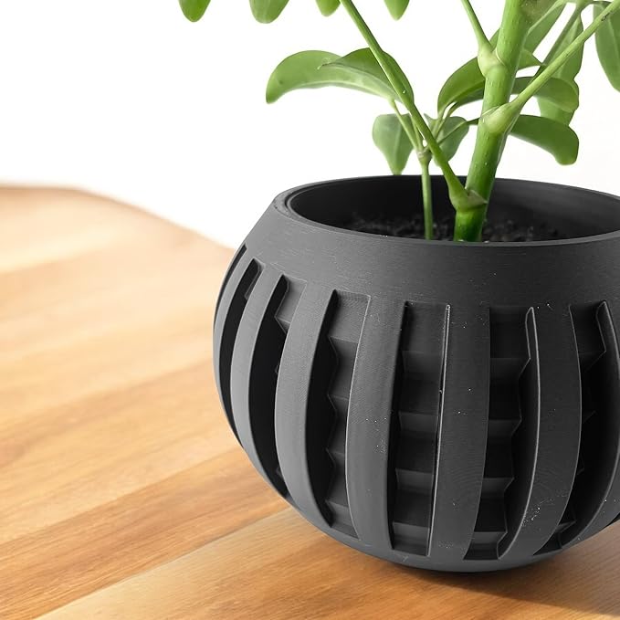 Grove Modern Planter – Black Plant Pot with Slat Design & Drainage, Contemporary Round Flower Vessel for Indoor Plants & Home Decor (Obsidian Black, Outer Dimensions: Compact 6" Width x 4" Height)