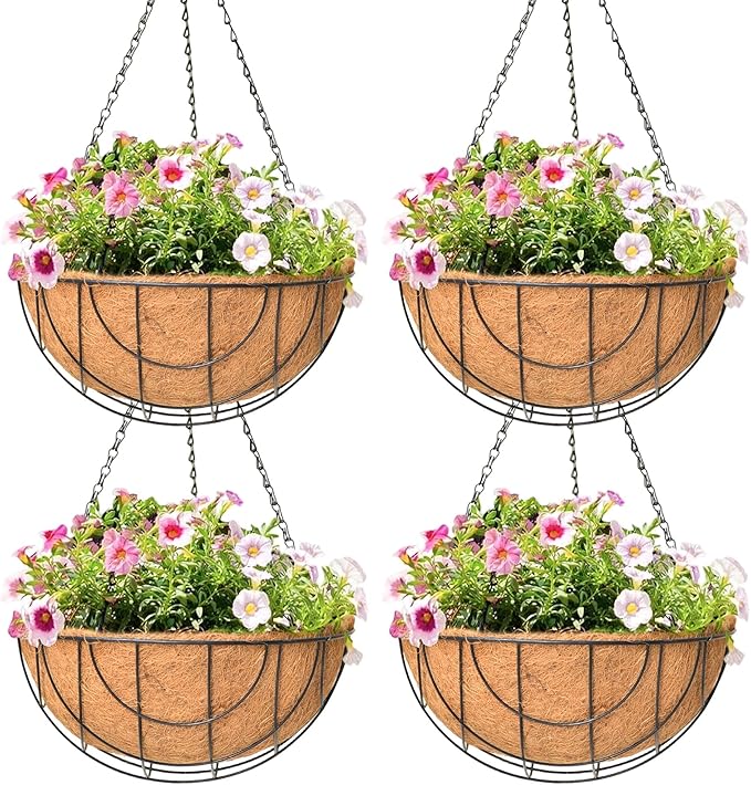 4 Pack 14 Inch Hanging Baskets for Plants Outdoor Metal Hanging Planter Hanging Flower Baskets with Coco Fiber Liners Chain Round Wire Plant Holder Hanging Flower Pots(Flower Border)