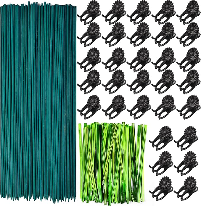 TIHOOD 200PCS/Set Bamboo Plant Stakes Kit, 50PCS Orchid Clips with 50PCS 18” Green Bamboo Plant Stakes, 100PCS Metallic Twist Ties for Supporting Stems Vines Stalks Grow Upright (Green)
