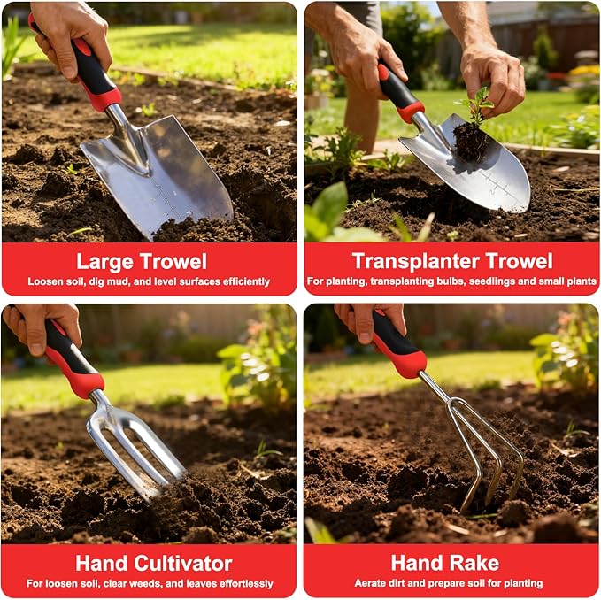 Yesker Gardening Tools 9-Piece Heavy Duty Garden Tool Set Gardening Supplies Gifts for Women Men Gardening Hand Tool Kit with Non-Slip Ergonomic Handle, Garden Bag, Durable Gloves, Pruning Shears, Red