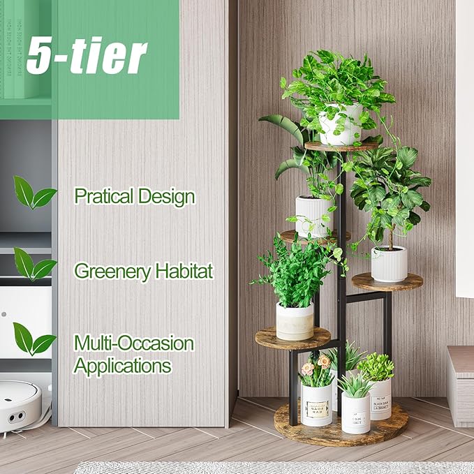 INGIORDAR Plant Stand Indoor Outdoor Corner Flower Stands Multiple Flower Pot Holder for Patio Garden Balcony Living Room 5 Tier Black+Rustic Brown