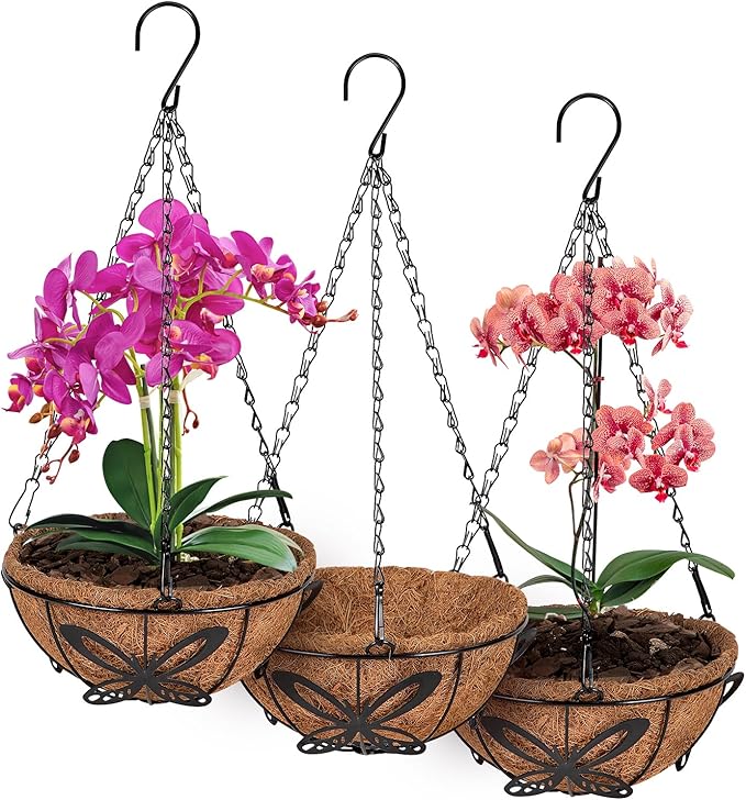 QCQHDU 3 Pack 8 inch Metal Hanging Orchid Baskets for Plants Outdoor, Hanging Orchid Planter Basket with Coco Liners, Orchid Pots with Holes for Garden, Patio, Deck, Porch Plants(Butterfly)