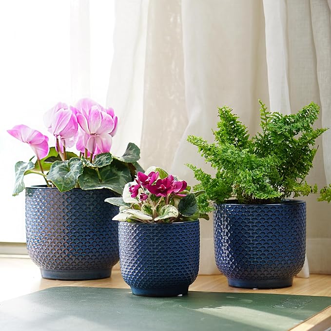 4 + 5 + 6 Inch Ceramic Pots for Indoor Plants, Succulents Plant Pots, Orchid Flower Pot with Drainage Hole, Modern Clay Stoneware Planters, Set of 3 (Dusty Blue, 4+5+6 Inch)