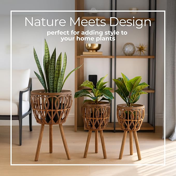 Handcrafted Bamboo Planters with Wooden Legs as Home Decor - Timeless Flower Pots for Entryway and Garden - Patterned Plant Pots for Outdoor and Indoor Plants - Set of 3, 26", 23", 20", Brown