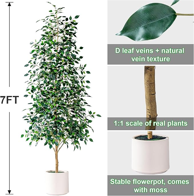 Bailikang 7FT Artificial Ficus Trees Indoor Faux Trees Indoor Fake Floor Plants Tall Artificial Tree with White Pot Faux Tree Fake Indoor Tree Silk Plants Artificial Trees for Home Decor Indoor
