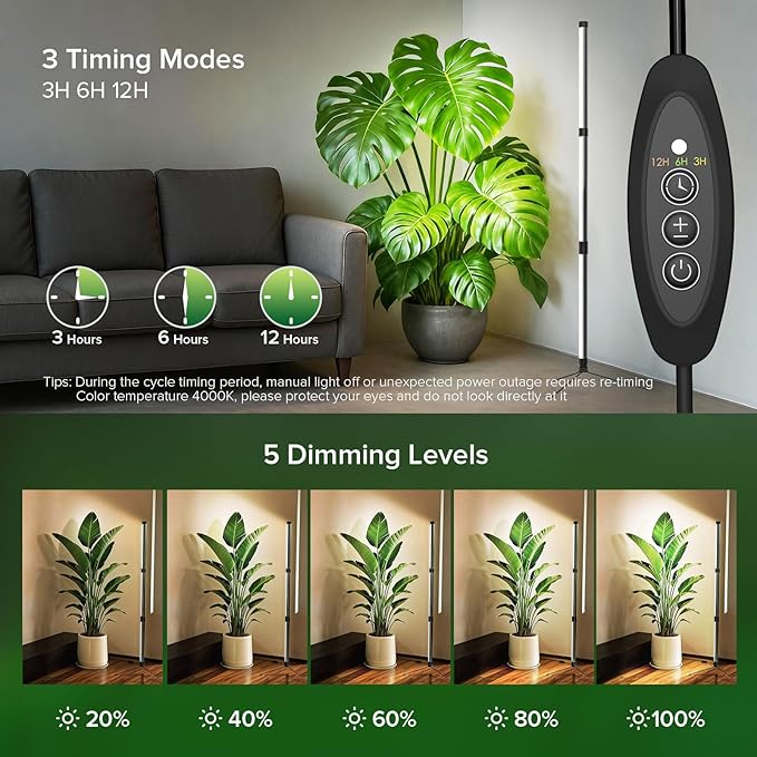 80W LED Grow Light for Indoor Plants, 3-Tier Standing Plant Light with 3/9/12H Timer, 5 Dimmable Levels, Full Spectrum Sunlike Grow Lamp for Seedlings, Potted, Tall & Large Houseplants in Room, Garden