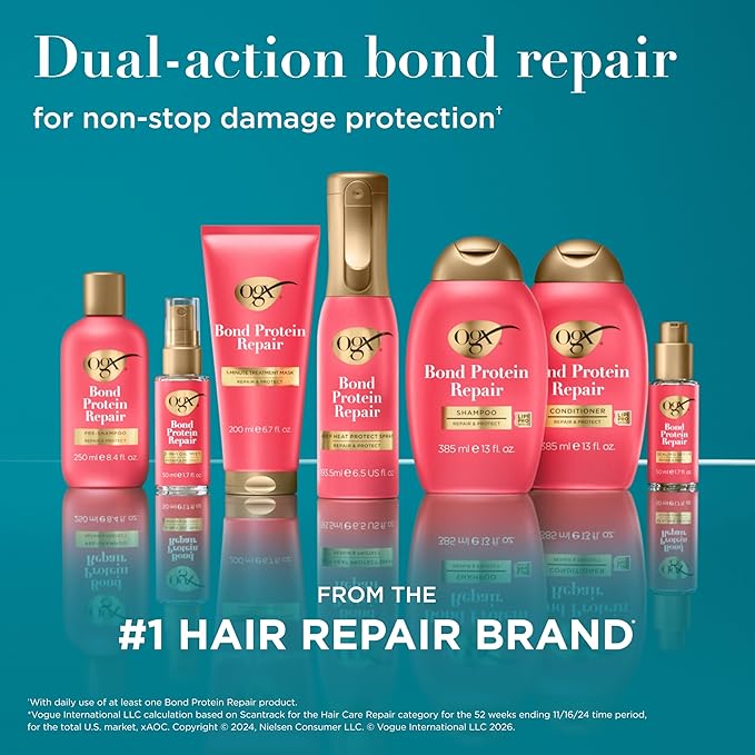 OGX Repair & Protect Bond Protein Repair 450°F Heat Protect Spray, Weightless Repair Mist for Nonstop Damage Protection* for All Hair Types, Heat Spray Preps Hair for Styling, 6.5 fl. oz