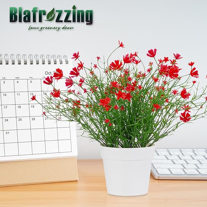 Artificial Babys Breath Potted Fake Plants with Flowers Faux Plants Indoor for Home Office Bookshelf Table Room Decor (Red)