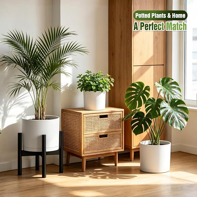 10/9/8 Inch Large Plant Pots with Drainage Holes and Trays, 3 Pack Modern Minimalist Cylinder Planters for Monstera, Snake Plant, Indoor Outdoor (Matte White)