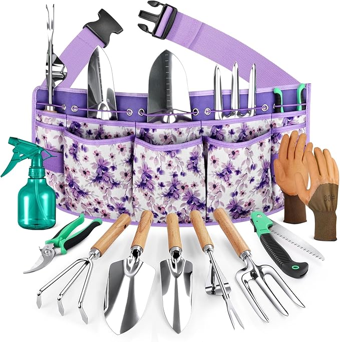 Grenebo All-in-One Garden Tool Set with Tools Organizer Belt Adjustable, 10-Piece Gardening Hand Tools, Long Lasting Rust-Proof Premium Garden Tool Kit, Gardening Gift for Women Men (Purple)