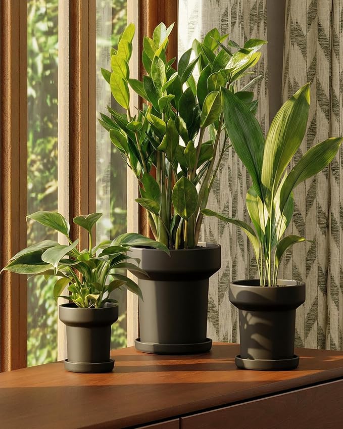 Bamworld 3-Pack Plant Pots Indoor with Drainage 5/6/7 Inch Planters for Indoor Plants Modern Minimalist Flower Pots Black