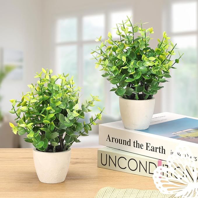 FAVOWREATH 2 Pack Fake Plants Ceramic Mini Artificial Greenery Potted Plants for Home Decor Office Decor Room Decor Farmhouse Decor Indoor Table Bathroom Decor