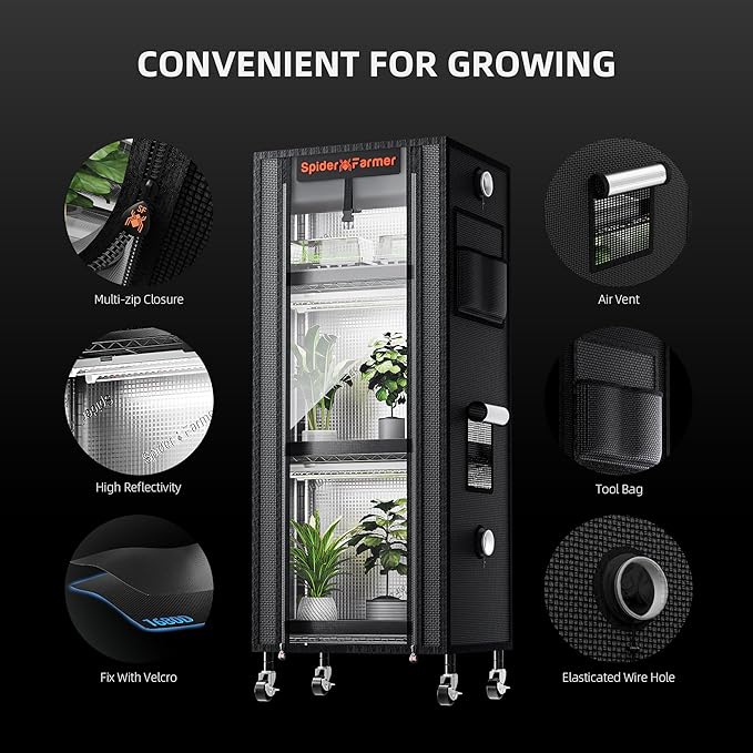 Spider Farmer 2025 Plant Stand with Grow Light, 4-Tier Rack 6Pcs 12" Full Spectrum 5000K LED Grow Lamps and Tent Cover Height Adjustable Small Greenhouse for Seedling Plant Indoor 16Lx12Dx47H (Update)
