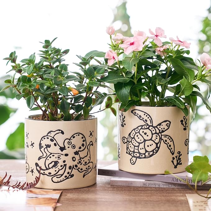 STHIE 5 Inch Ceramic Plant Pots with Drainage Holes, Small Round Flower Pots for Indoor Plant, Unique Animal Flower Planters (Octopus)