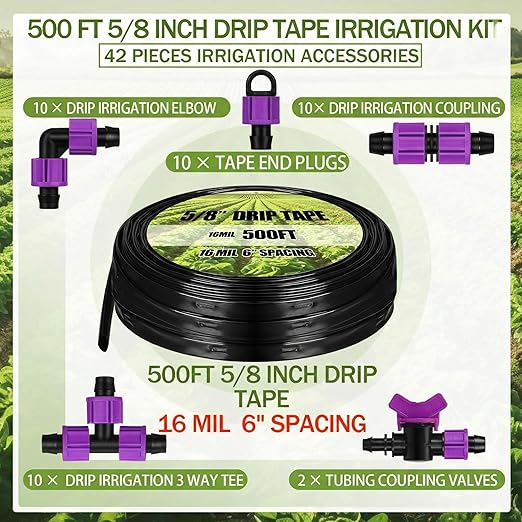 Tondiamo 500' 5/8 Inch Drip Tape Irrigation Tubing Kit 16 Mil 6" Spacing Garden Hose Watering Tube Line Automatic Equipment for Garden Irrigation System Farms, Landscape, Lawn