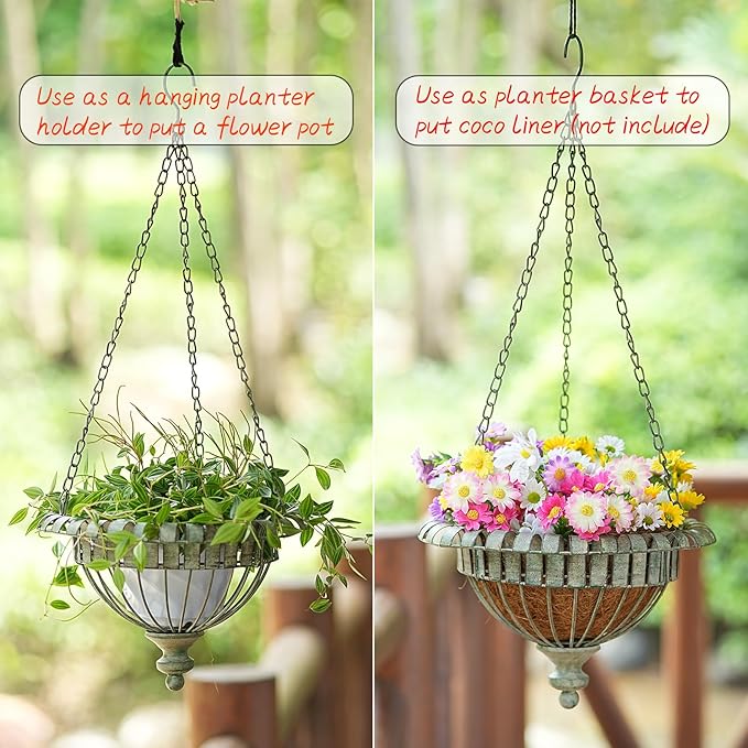 Set of 2 Metal Hanging Planters,Hand-Crafted Rusty Hanging Basket Plant Holder for Outdoor Indoor Garden, Patio, Deck, Porch, Flower Pots