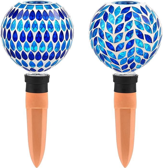VOREEN Blue Mosaic Self Watering Globes 2 Pack, 500ml Handmade Glass Terracotta Plant Spikes, Automatic Self Watering Devices for Indoor Outdoor Pots, Decorative Water Saver Gift for Garden Lovers