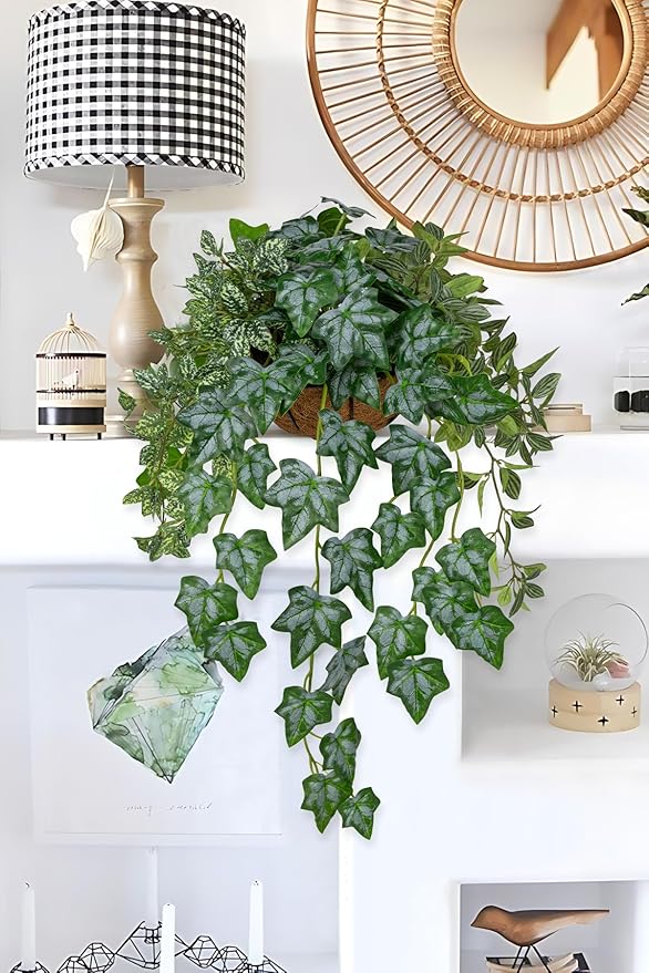 Fake Hanging Plant with Pot, Large Hanging Artificial Plants with Basket & Hanger Faux Greenery Plants Indoor Outdoor Decor Fake Ivy Vine Plant in Pot for Wall Balcony Patio Office Bathroom Shelf