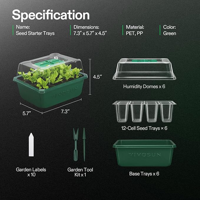 VIVOSUN 12-Pack Seed Starter Trays, 72-Cell Seed Starter Kit with Humidity Dome, Flat Reusable Plant Germination Trays with Drain Hole, Green Propagation Tray for Planting Seeds