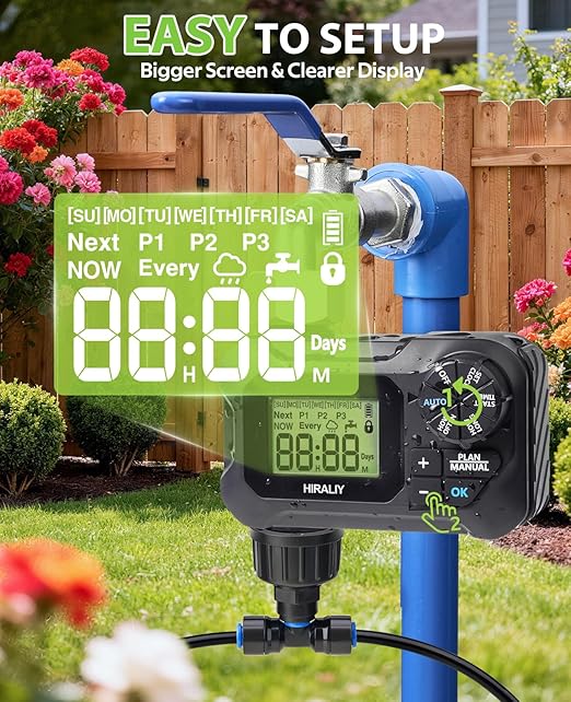 HIRALIY 100FT Pressure Compensated Drip Irrigation System with Timer, No-Leak Quick Connect Automatic Watering System, 24 Adjustable Emitters for Uniform Flow, Garden, Patio, Raised Bed