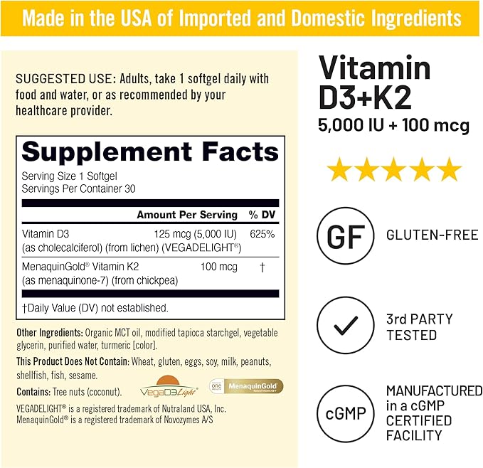NatureWise Vegan Vitamin D3 + K2 with Organic Coconut MCT Oil - Natural D3 5000IU + Natural K2 100mcg - High Absorption Bone Support - Soy & Gluten Free - USA Manufactured - 30 Softgels[30-Day Supply]