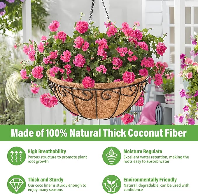 Legigo 2 Pack 14 Inch Metal Hanging Baskets for Plants Outdoor- Wire Round Hanging Planters Basket with Coconut Coir Liner, Hanging Flower Pot for Outdoor Plants Flowers Garden Decorations