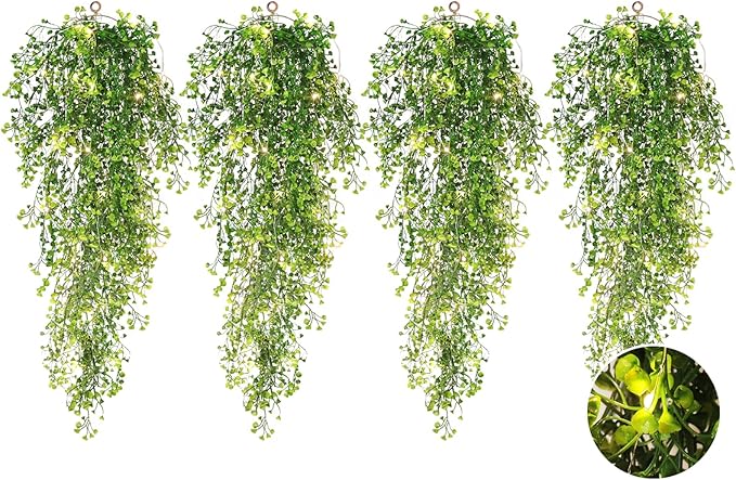 RECUTMS Pack of 4 Ferns Artificial Plants Large Artificial Hanging Plants Faux Ivy Vine Fake Greenery Wall Plants with LED Lights for Room Garden Patio Porch Bathroom Kitchen Decor (Green)