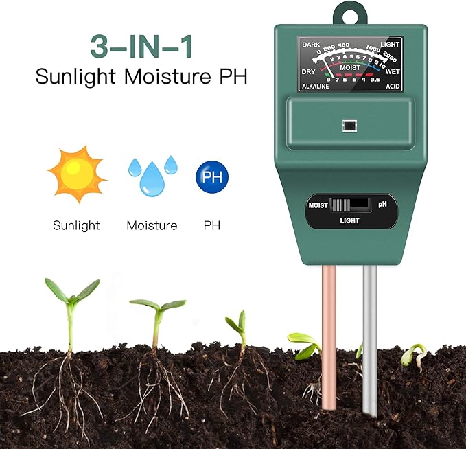 SDTOGLIU Soil Moisture Sunlight Ph Test Meter,Soil Tester Meter, 3-in-1 Test Kit for Moisture, Light & pH, for Home and Garden, Lawn, Farm, Plants, Herbs & Gardening Tools, Indoor/Outdoors Plant Care