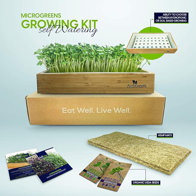 ZESTIGREENS Organic Self-Watering Microgreens Growing Kit – Reusable Indoor Grow Tray with Organic Seeds, Grow Mats & Bamboo Frame – Easy No-Soil Microgreens Starter Kit (Broccoli & Salad Mix)