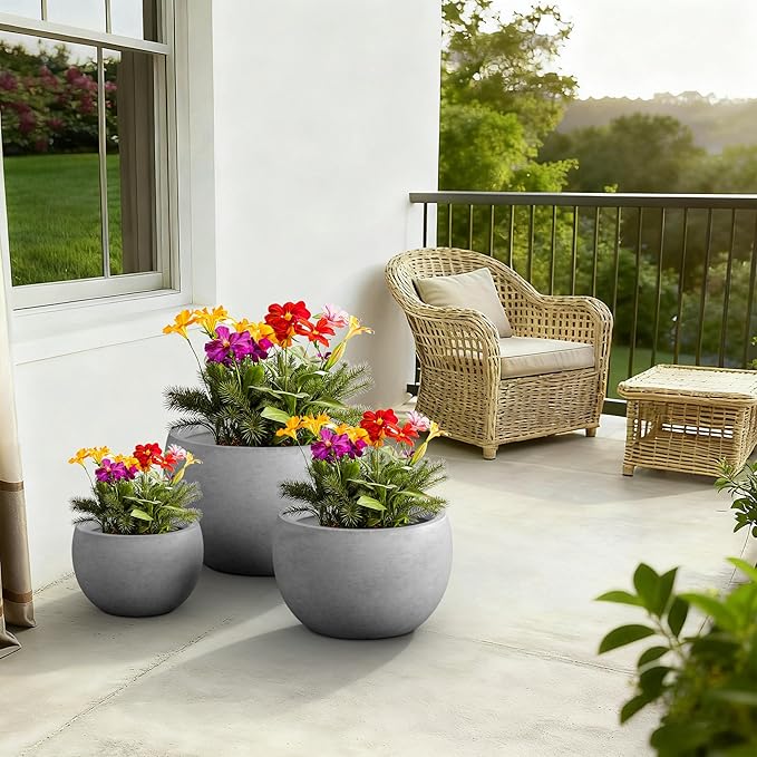 Kante 19.9",15.7",11.8" Dia Round Concrete Planter Set of 3, Outdoor/Indoor Large Bowl Plant Pots with Drainage Hole and Rubber Plug for Garden Patio Balcony Home, Natural Concrete