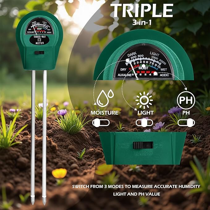GeeRic Soil Moisture 3-in-1, Soil Moisture/Light/pH Tester, No Battery Needed Soil Tester Gardening Tool for Indoor and Outdoor