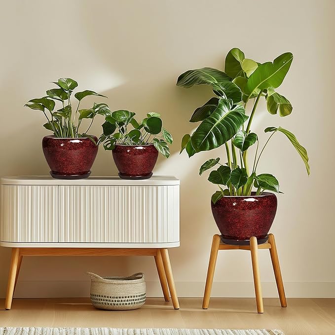 6 Inch Ceramic Pots for Plants - Indoor Plant Pots with Drainage Hole and Saucer, Decorative Planters for Outdoor Plants, Modern Planter, Living Room Decor, Gardening Gifts, Red Leopard