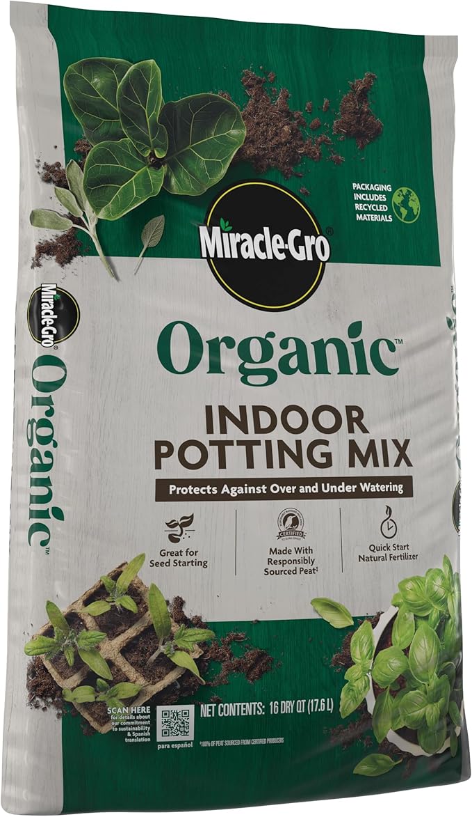 Miracle-Gro Organic Indoor Potting Mix - Protects Against Over and Under Watering, Planting Soil for Indoor Container Plants, Houseplants and Starter Plants, OMRI Listed, 16 qt. (2-Pack)