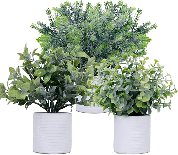 FGSAEOR Mini Potted Fake Plants, Small Artificial Greenery Plants Topiaries, Low Maintenance, Shelf Desk Room Table Office Home Decor (3-Pack) (White Pot - Grey)