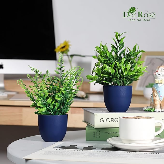 Der Rose 4 Pack Fake Plants Small Artificial Plants in Blue Pots Faux Plants Indoor for Home Kitchen Table Blue Bathroom Decor Accessories
