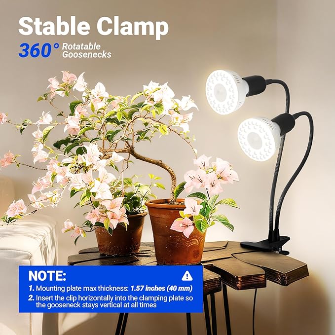 Barrina Orbgrow OG11A2 Clip On Grow Lights for Indoor Plants, Integrated Stepless Dimming & Timing, 4000K 22W(2 x 11W, 200 Watt Equiv), Full Spectrum 2-Gooseneck with E26 Plant Light Bulbs
