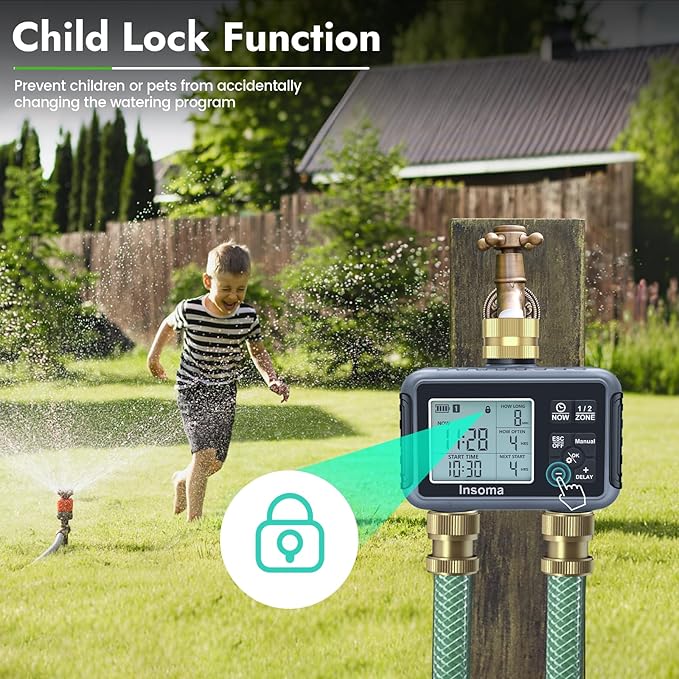 Insoma Water Timer with Brass Inlet & Outlet, 2 Independent Zones Outdoor Hose Timer for Garden Faucet with Auto/Manual/Rain Delay Mode, Sprinkler Irrigation Timers for Yard Lawn