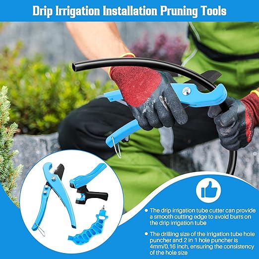Feekoon Drip Irrigation Punch Hole Tubing Cutter Tools with Barbed Connectors, 2-in-1 Drip Tubing Hole Punch for 1/4 Inch Fitting 16 20 25 mm PE Pipe and Emitter(Blue,345 Irrigation Plugs)