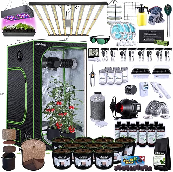 Complete All-in-One Commercial Grade Home Grow Solution - 60"x60"x80" - 1500W Foldable LED Grow Light - Black Grow Tent Kit