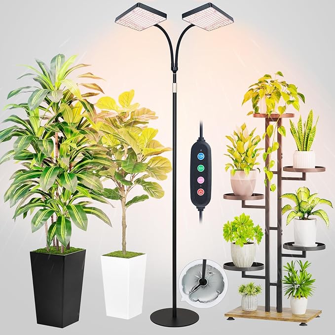 FRGROW 2026 2Head Full Spectrum Floor Lamp Grow Light, 50 Watt Bright Grow Lights for Indoor Tall Plants, Bonsai Tree, Auto On/Off Daily Timer(4/8/12/16/20H), Adjustable Stand 24"-78"