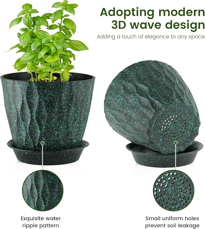 Meowell 7/6.5/6/5.5/5/4.5/4 inch Plant Pots for Indoor Outdoor Plants, 7 Pack Thick Flower Pots with Drainage Holes and Saucers, Wave Texture Plastic Planters Nursery Pots, Black with Green Speckles