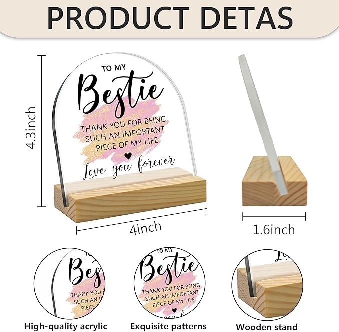 To My Bestie Acrylic Desk Sign with Wooden Stand – Thoughtful Birthday Gifts for Female Friends, Soul Sister & Work Bestie, Thank You Keepsake for Thanksgiving & Friendship Decor