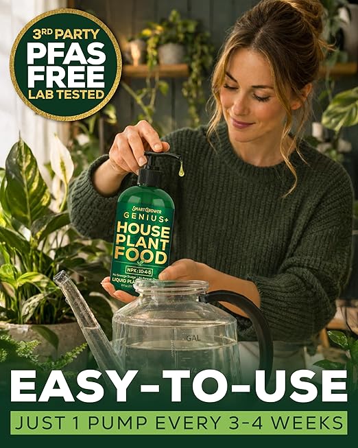 Plant Food for Houseplants, Instant Indoor Plant Fertilizer for Healthier Plants, Clean & Safe for Indoor & Outdoor Use, USA Made - Smart Grower Genius+ Easy Squirt Pump 8oz- 2 Pack Makes 192 Gallons