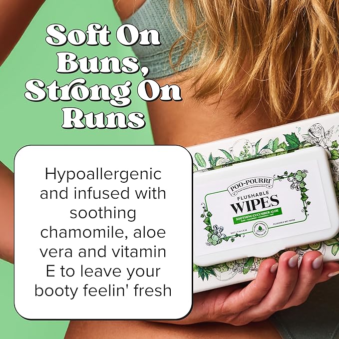 Poo~Pourri Flushable Wipes - Made with Plant Based Fibers, Aloe, Vitamin E, Chamomile, and Oat Extract - Adult Wet Wipes - Cucumber & Aloe Essential Oil - 50 count Dispenser Box - Sewer & Septic Safe