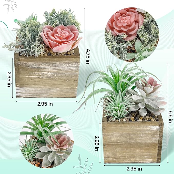 Der Rose 2 Pack Fake Plants Succulents Plants Artificial Cactus Plants in Wood Pots with Pink Flowers for Farmhouse Bathroom Decor