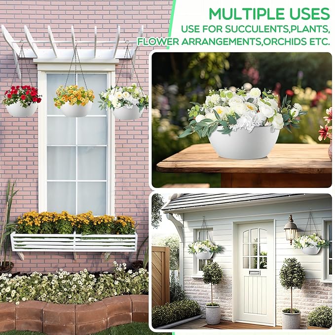 Maxcheck 4 Pack 13 Inch Large Hanging Planters Indoor Outdoor Flower Pots, Plant Containers with Drainage Hole Round Hanging Plant Pot for Home Garden Porch Balcony Patio Decor (White)